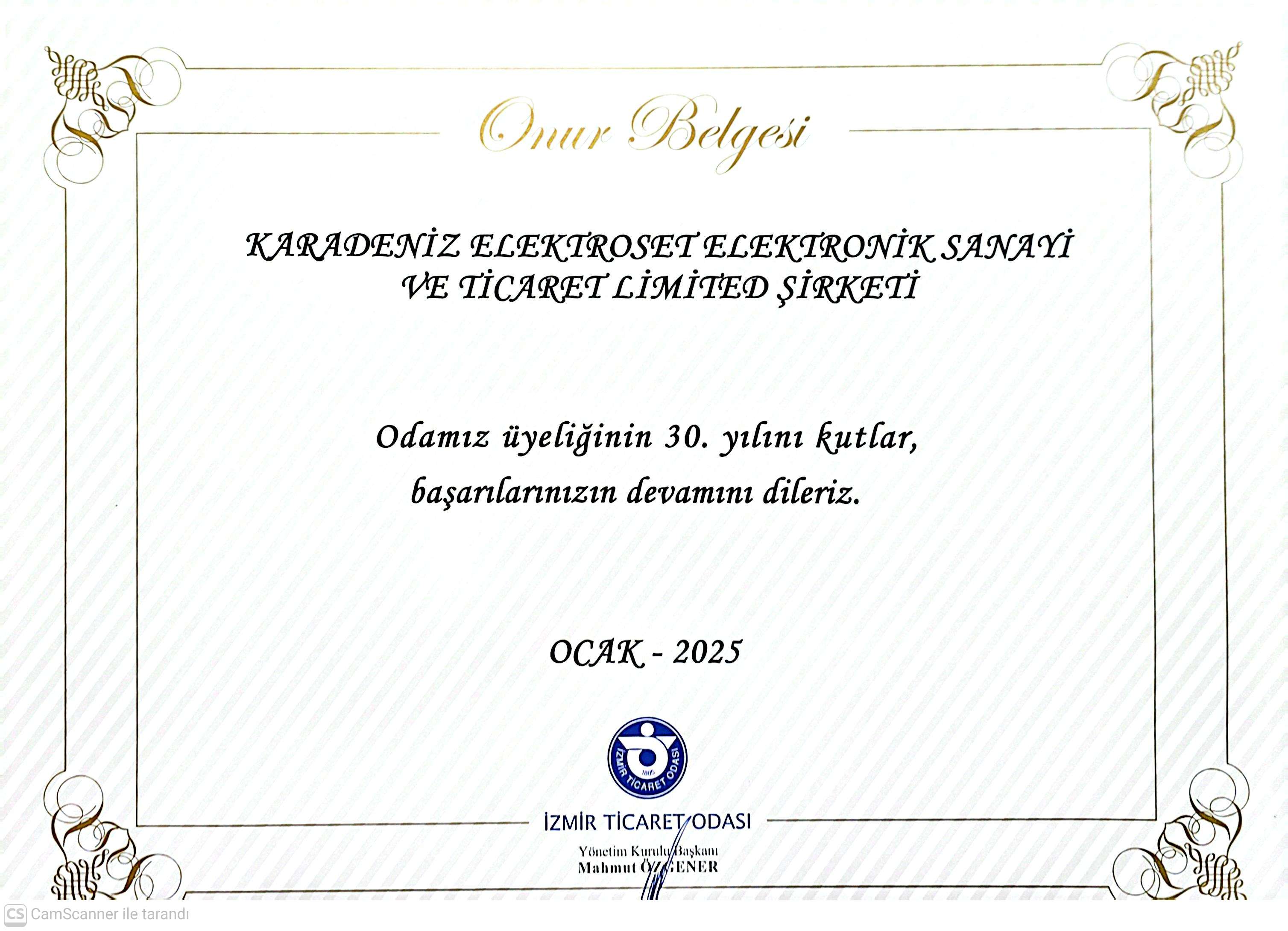 Karadeniz Elektroset 30. Yıl Onur Belgesi